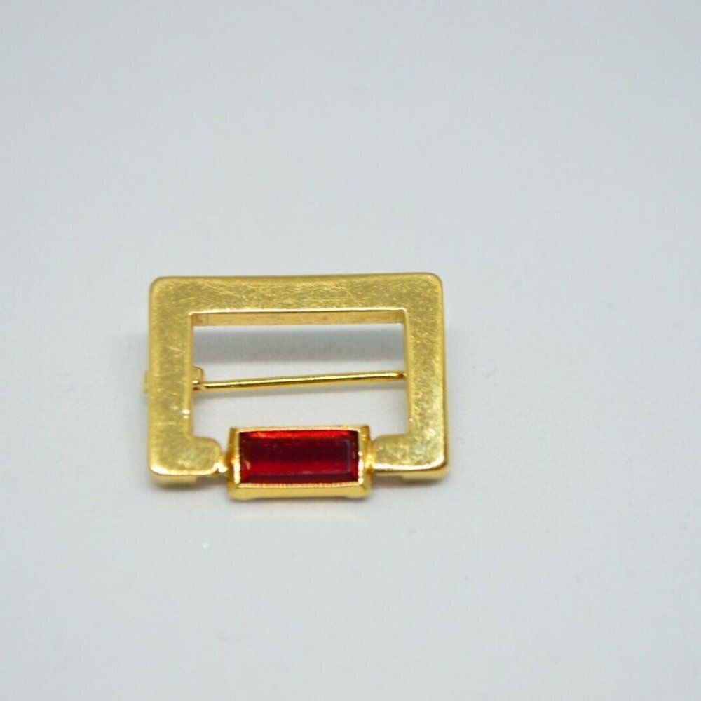 Red Glass Rhinestone Gold Tone Rectangle Openwork - Picture 2 of 4